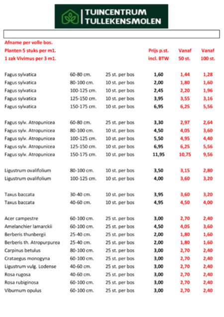 Prijslijst Haagplantsoen